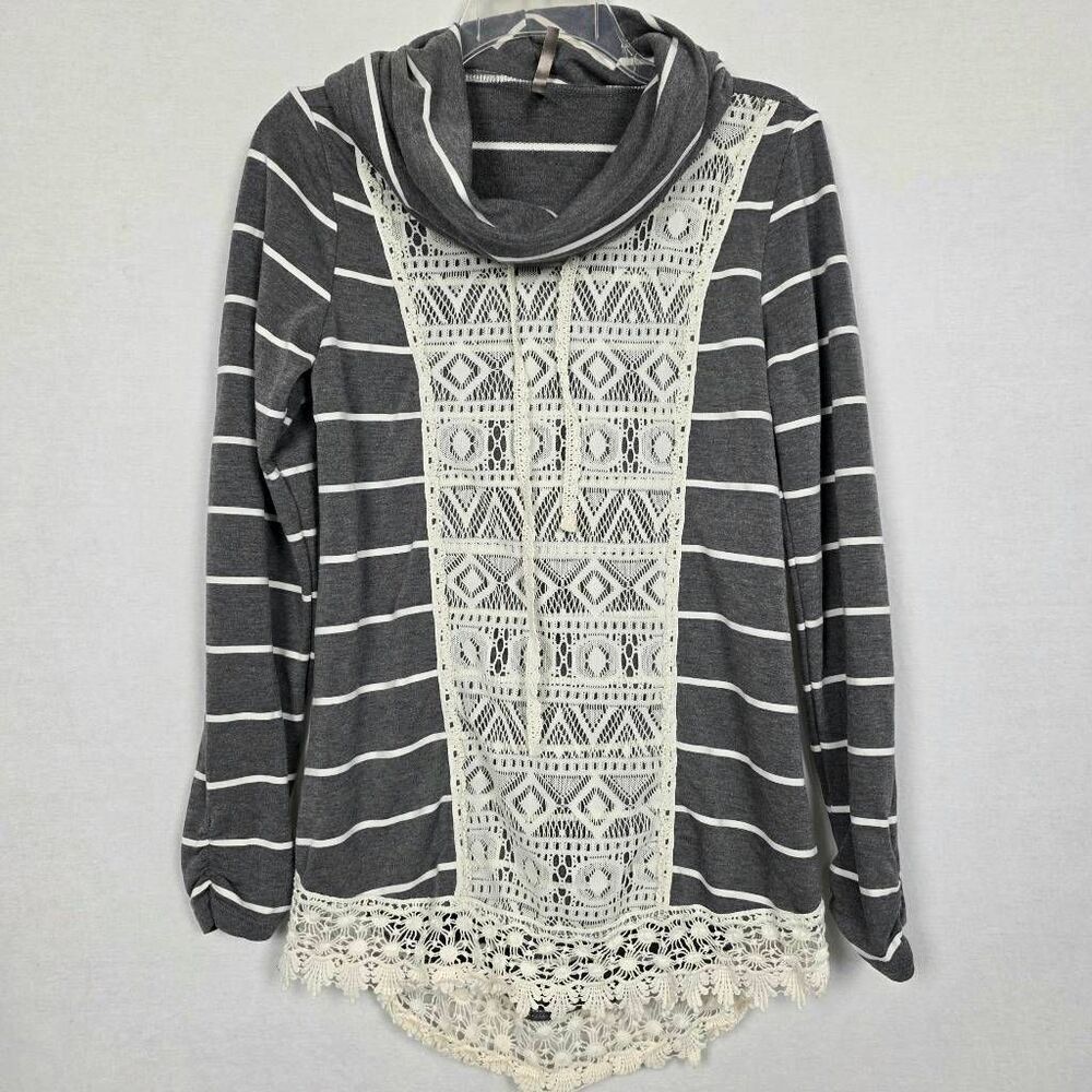 Vanity Gray Striped Lace Trim Hoodie Top Medium